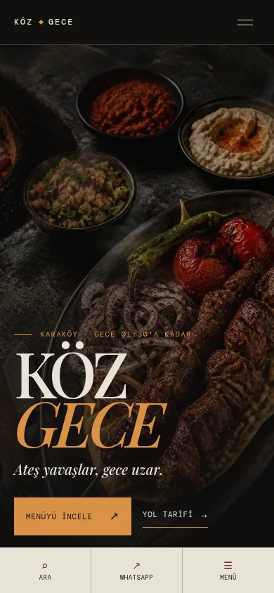 Köz Gece premium restoran web sitesinin mobil görünümü