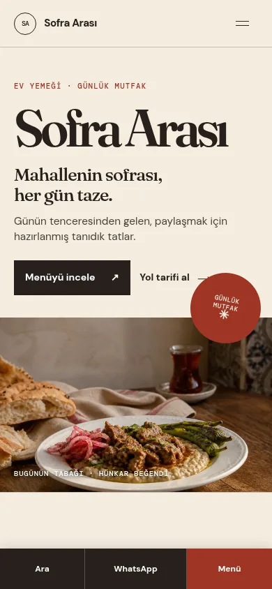 Sofra Arası mahalle restoranı web sitesinin mobil görünümü